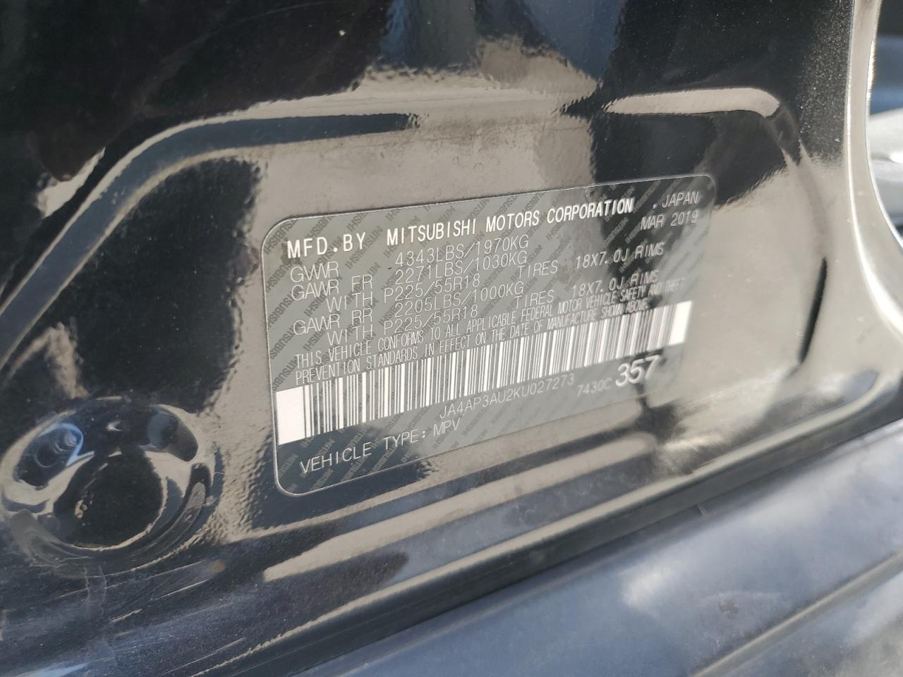 2019 Mitsubishi Outlander Sport Es VIN: JA4AP3AU2KU027273 Lot: 64306355