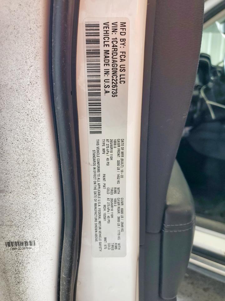 2022 Dodge Durango Sxt VIN: 1C4RDJAG0NC226736 Lot: 63471245