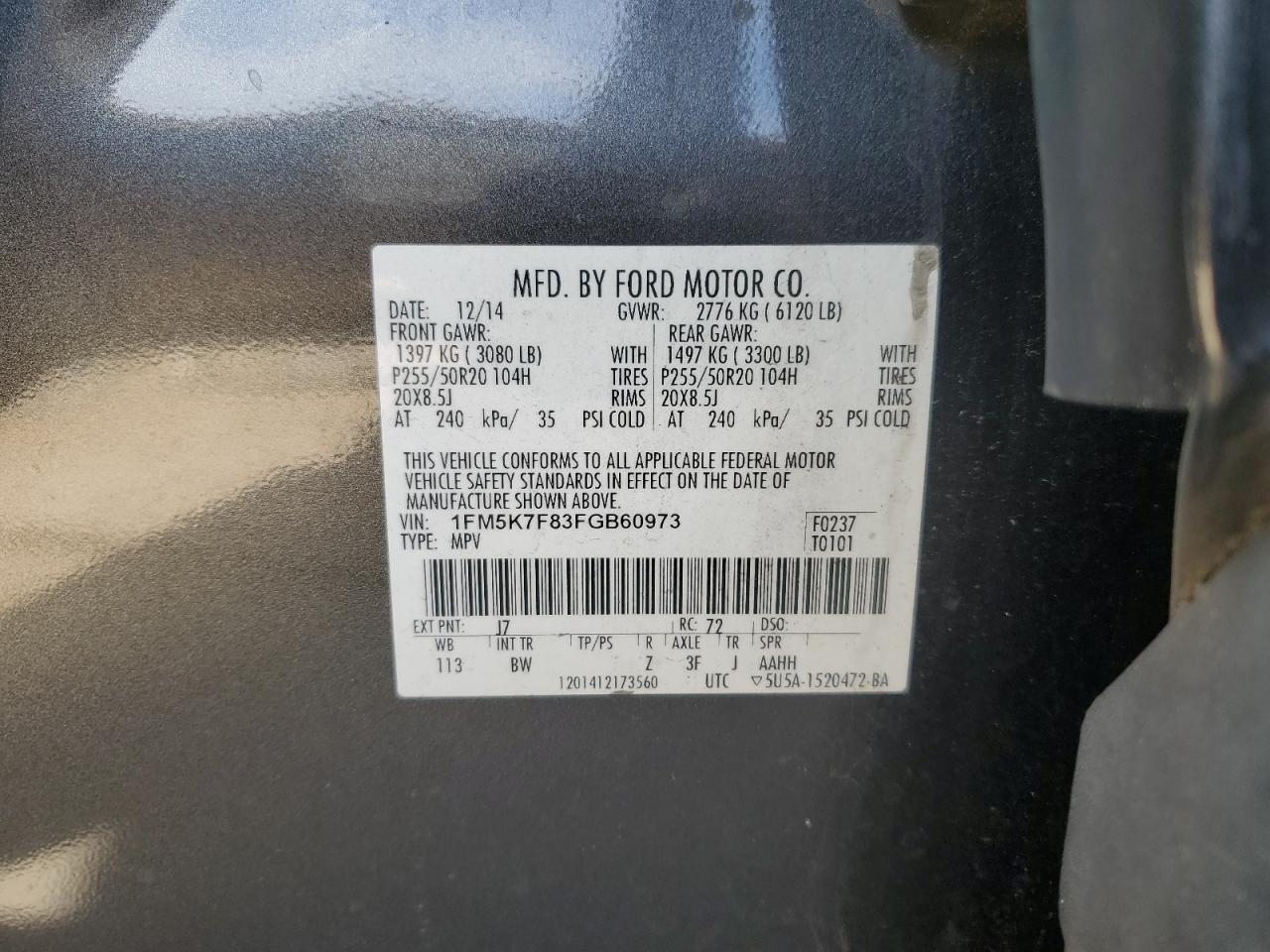 2015 Ford Explorer Limited VIN: 1FM5K7F83FGB60973 Lot: 64975645