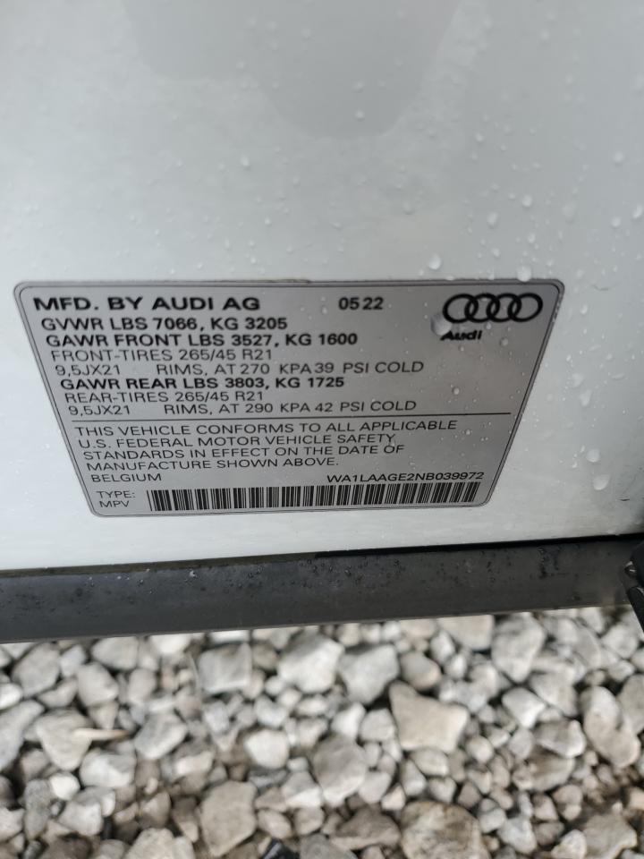 2022 Audi E-Tron Premium Plus VIN: WA1LAAGE2NB039972 Lot: 65725105
