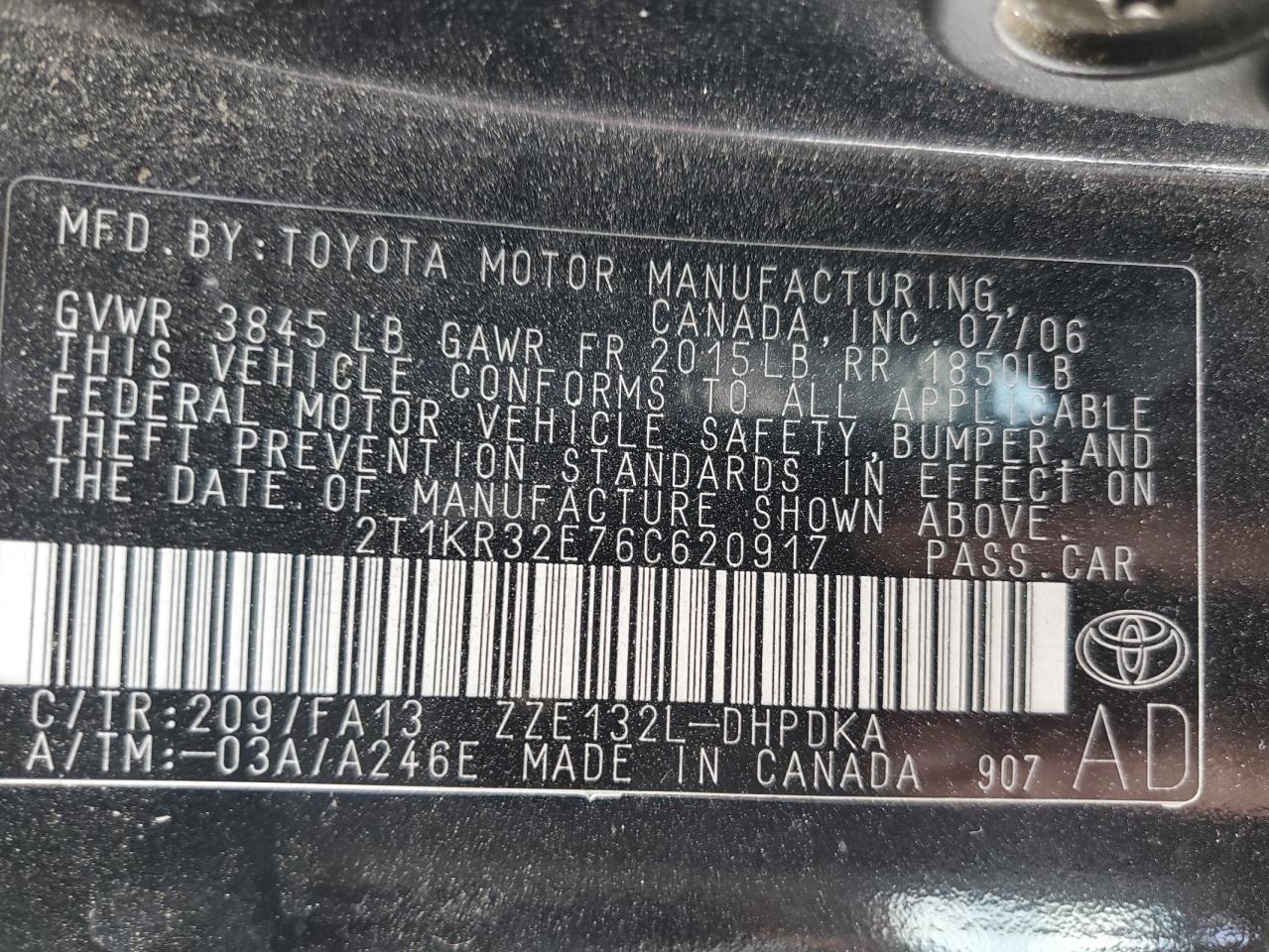 2006 Toyota Corolla Matrix Xr VIN: 2T1KR32E76C620917 Lot: 65374135