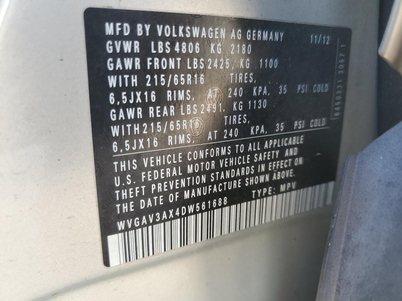 2013 Volkswagen Tiguan S VIN: WVGAV3AX4DW561688 Lot: 63202505