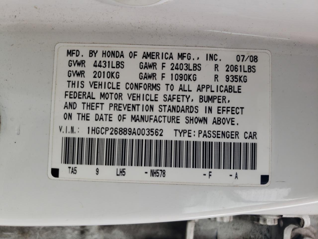 2009 Honda Accord Exl VIN: 1HGCP26889A003562 Lot: 64762195