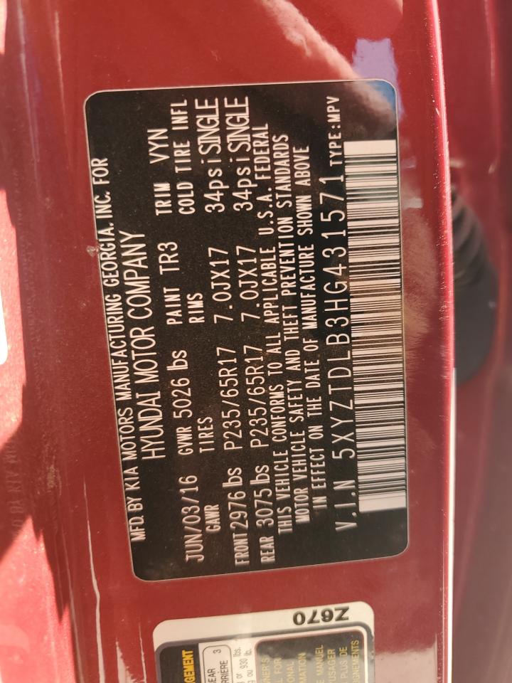 2017 Hyundai Santa Fe Sport VIN: 5XYZTDLB3HG431571 Lot: 66657555