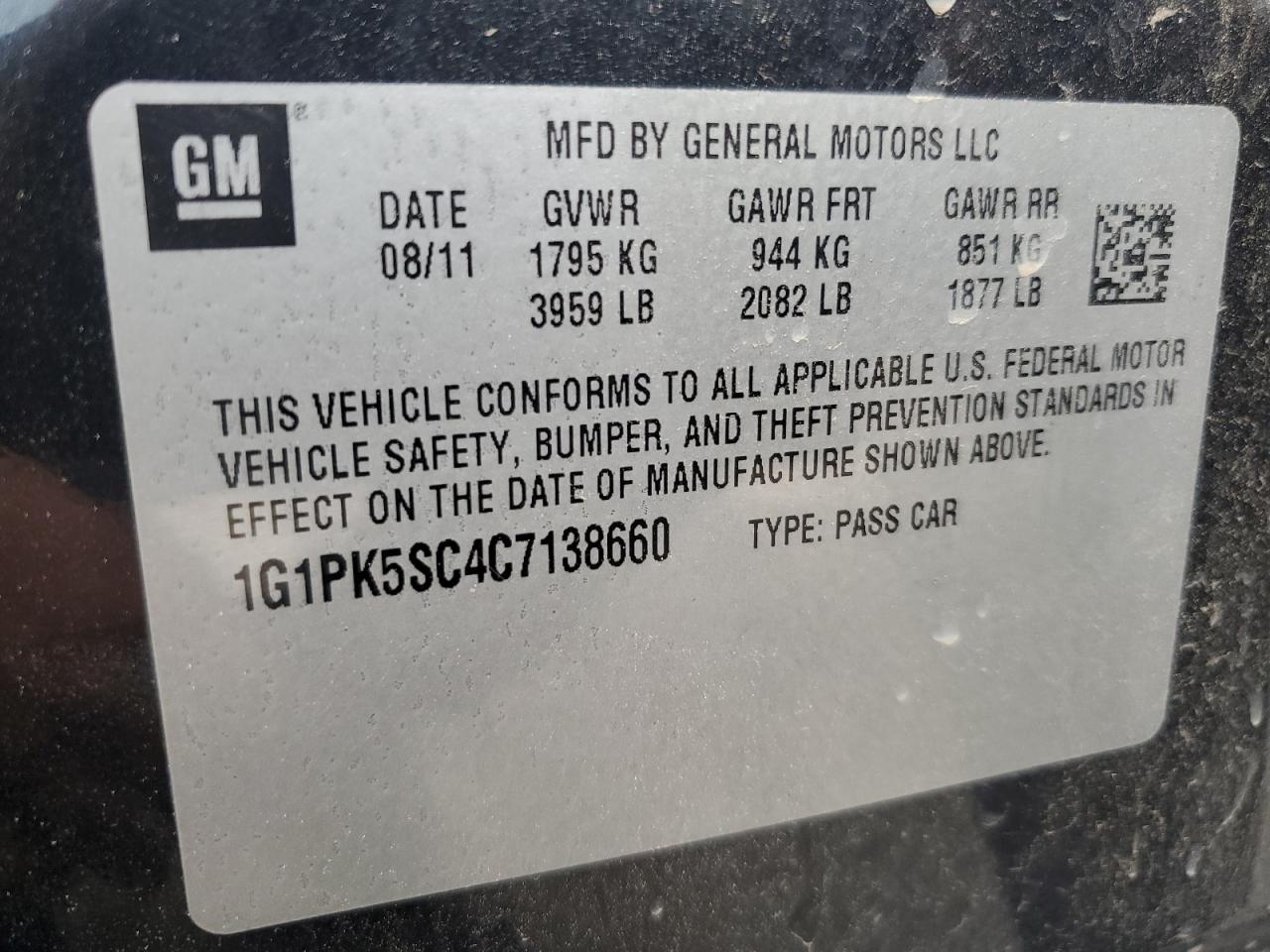 2012 Chevrolet Cruze Eco VIN: 1G1PK5SC4C7138660 Lot: 64768955