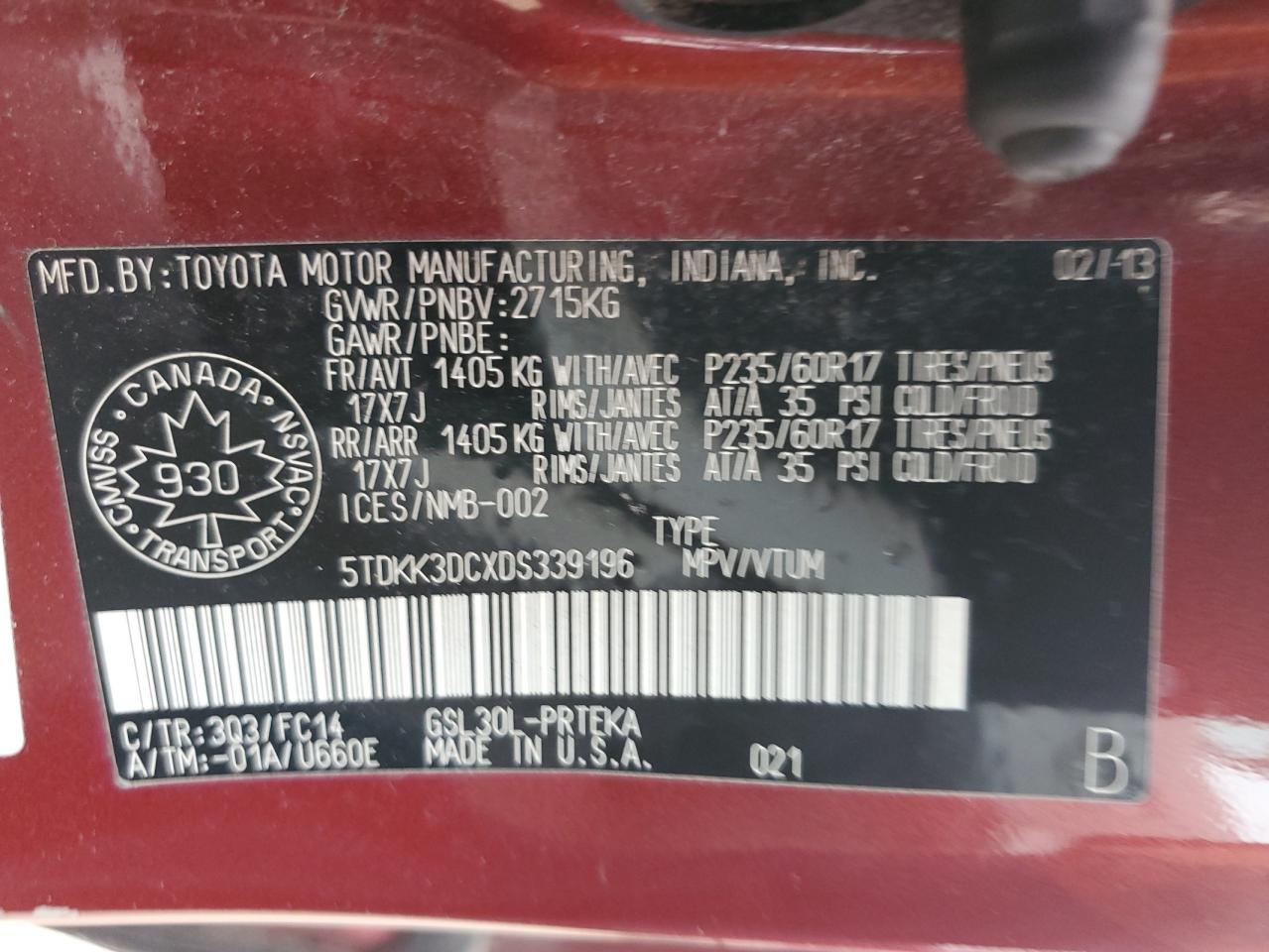 2013 Toyota Sienna Le VIN: 5TDKK3DCXDS339196 Lot: 64405285