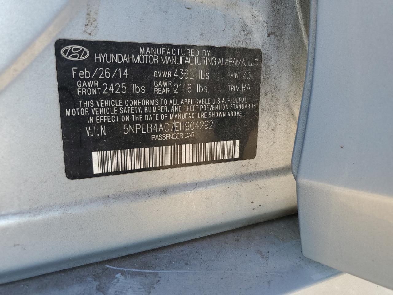 2014 Hyundai Sonata Gls VIN: 5NPEB4AC7EH904292 Lot: 65518125