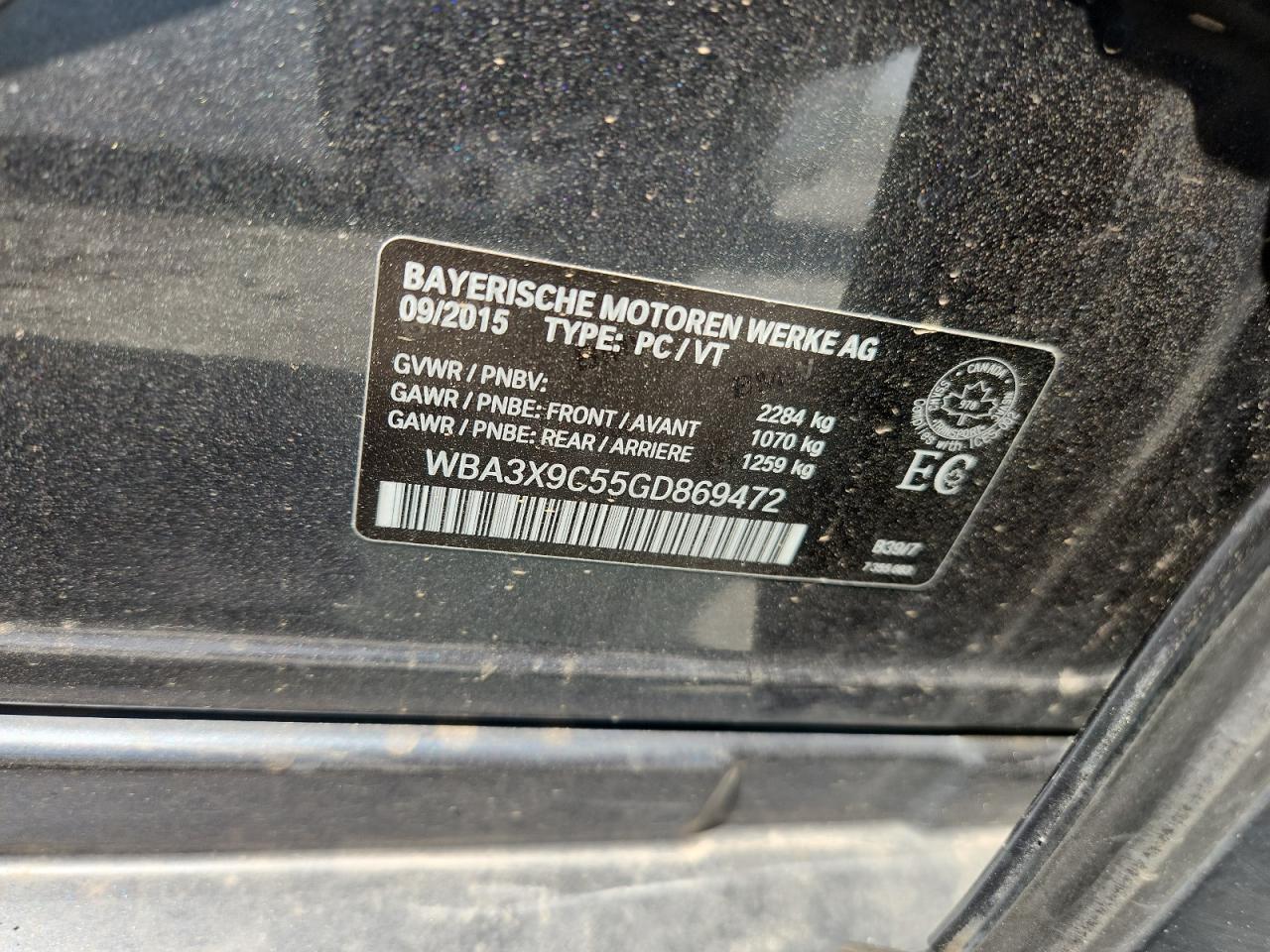 2016 BMW 335 Xigt VIN: WBA3X9C55GD869472 Lot: 66298945