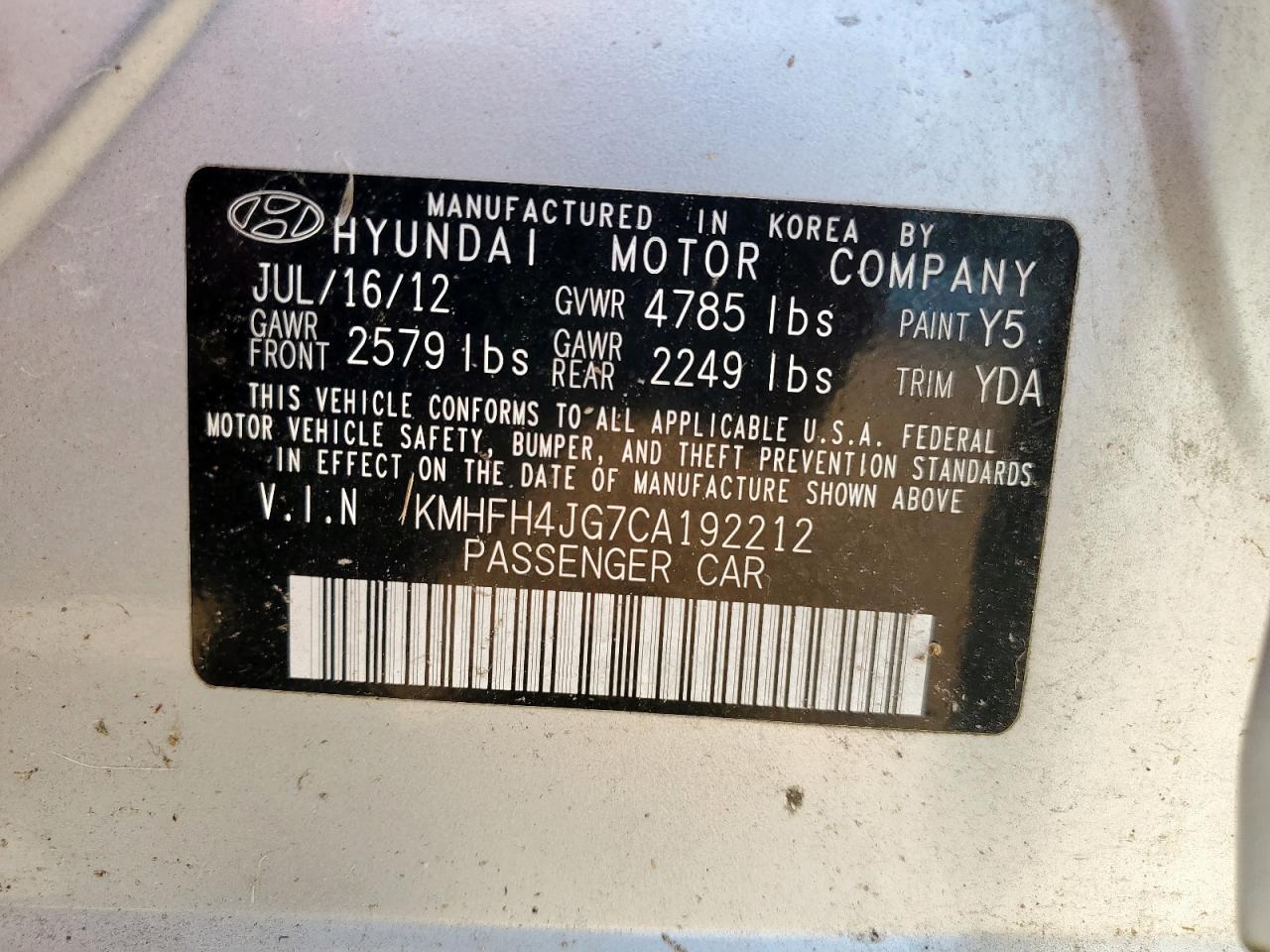 2012 Hyundai Azera Gls VIN: KMHFH4JG7CA192212 Lot: 65570545