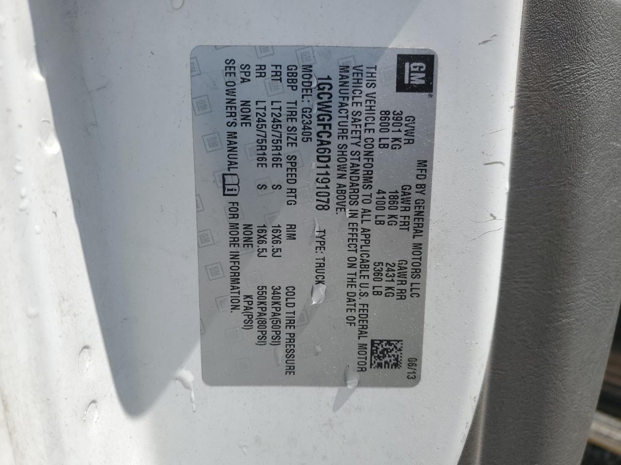 2013 Chevrolet Express G2500 VIN: 1GCWGFCA6D1191078 Lot: 59618395