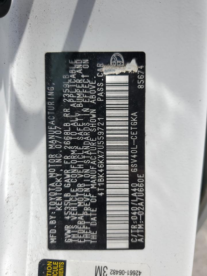 2007 Toyota Camry Le VIN: 4T1BK46KX7U559721 Lot: 63930585