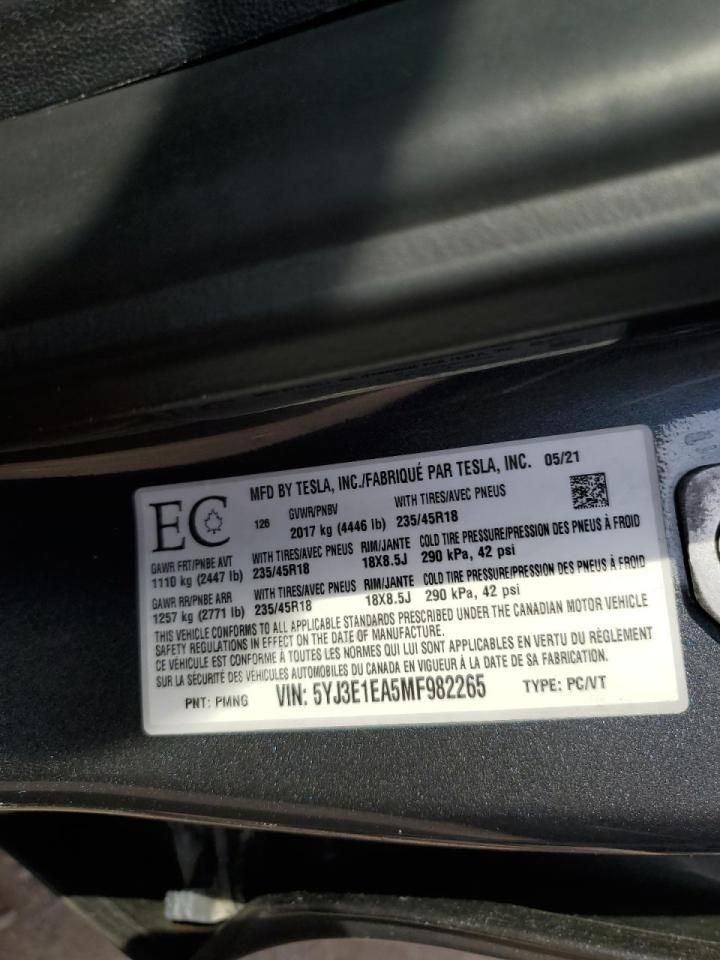 2021 Tesla Model 3 VIN: 5YJ3E1EA5MF982265 Lot: 65466185