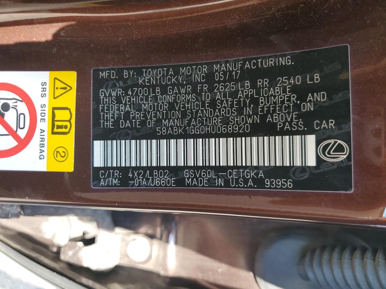 2017 Lexus Es 350 VIN: 58ABK1GG0HU068920 Lot: 63571155