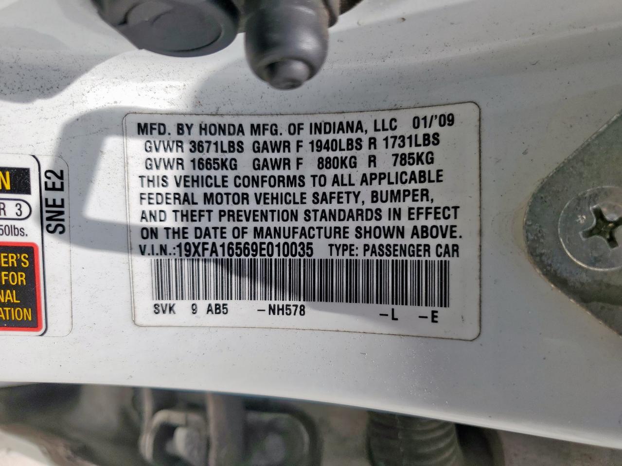 2009 Honda Civic Lx VIN: 19XFA16569E010035 Lot: 64092725