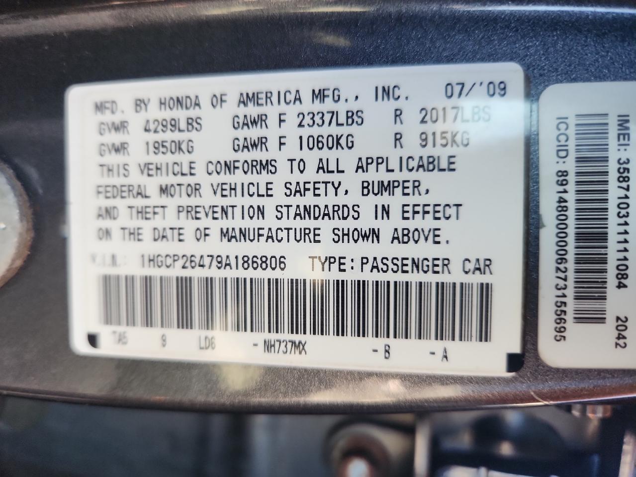 2009 Honda Accord Lxp VIN: 1HGCP26479A186806 Lot: 64730925