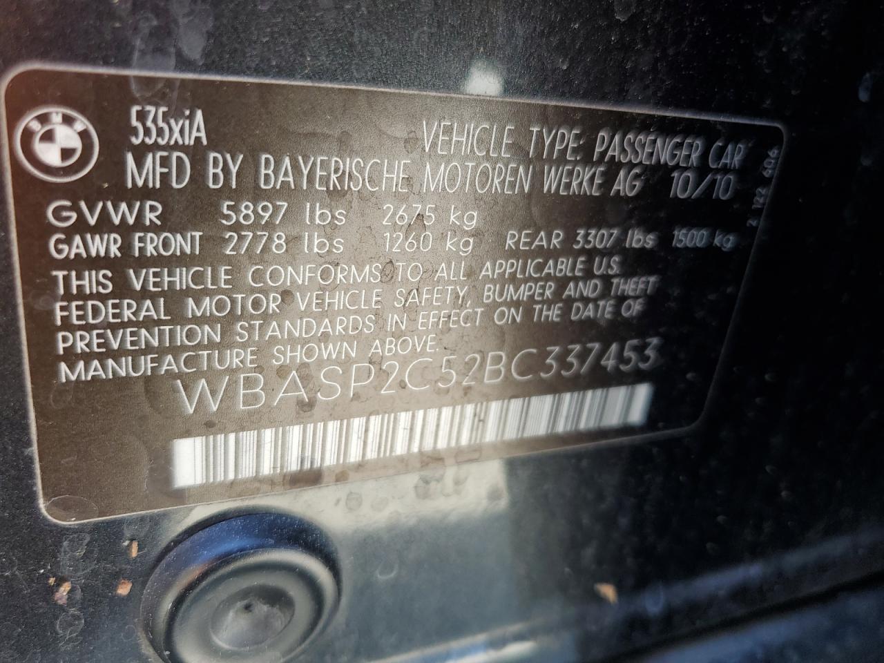 2011 BMW 535 Xigt VIN: WBASP2C52BC337453 Lot: 63449865