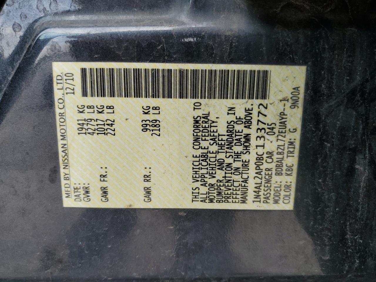 2011 Nissan Altima Base VIN: 1N4AL2AP0BC133772 Lot: 63089925