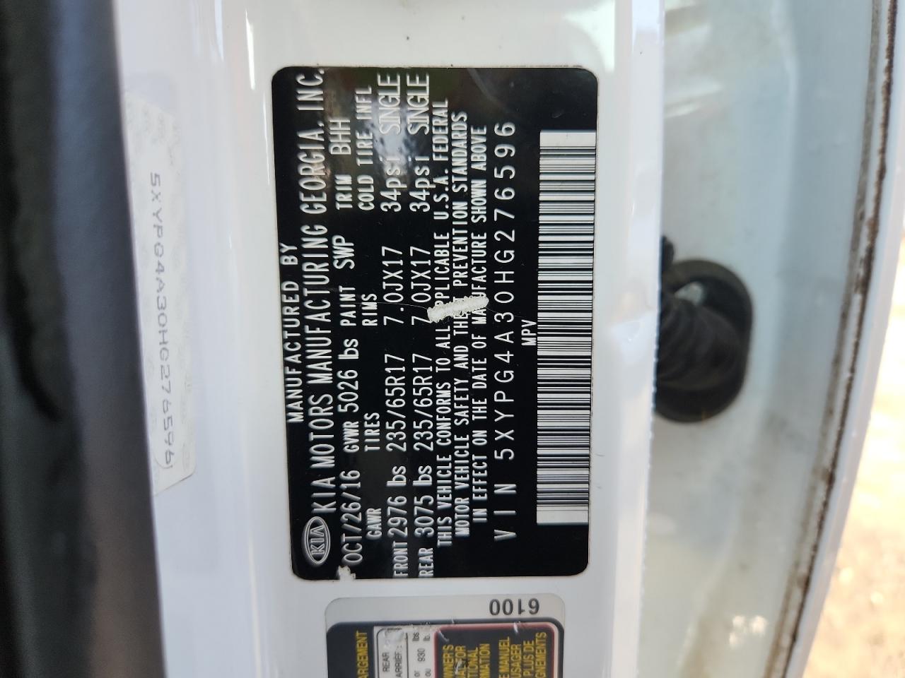 2017 Kia Sorento Lx VIN: 5XYPG4A30HG276596 Lot: 64999075
