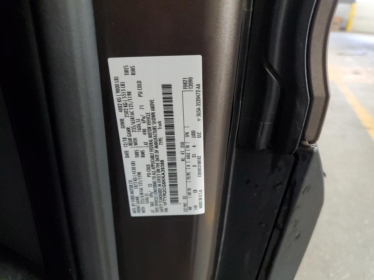 2019 Ford Transit T-250 VIN: 1FTYR2CG8KKA39388 Lot: 65157355