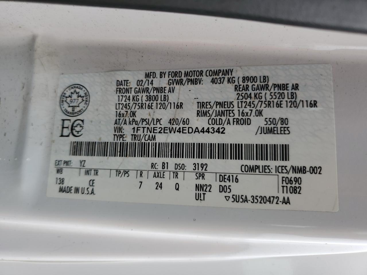 2014 Ford Econoline E250 Van VIN: 1FTNE2EW4EDA44342 Lot: 67240585