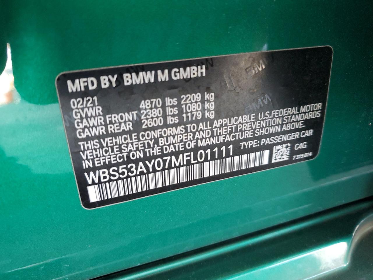2021 BMW M3 VIN: WBS53AY07MFL01111 Lot: 64678145