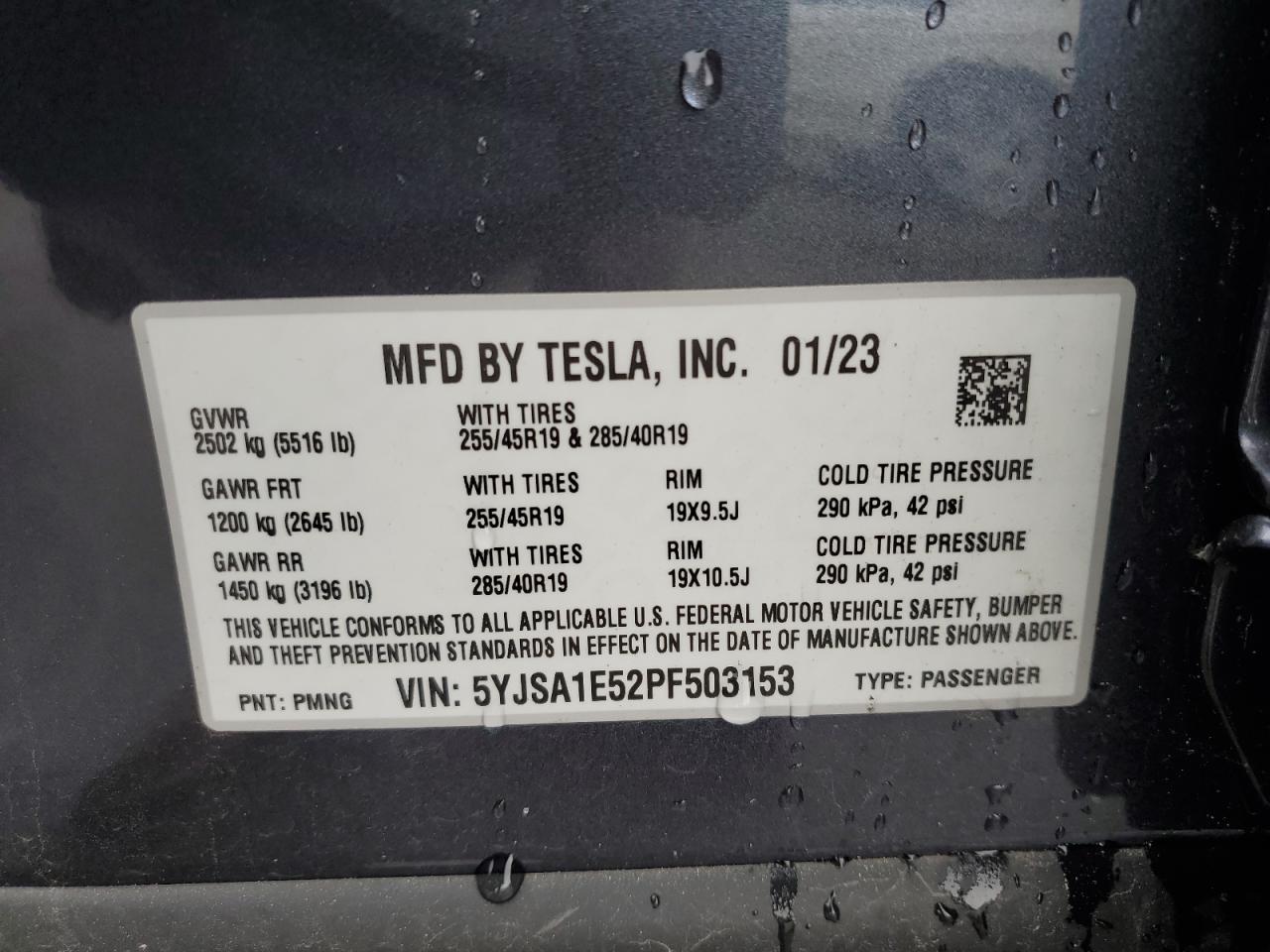 2023 Tesla Model S VIN: 5YJSA1E52PF503153 Lot: 62703725