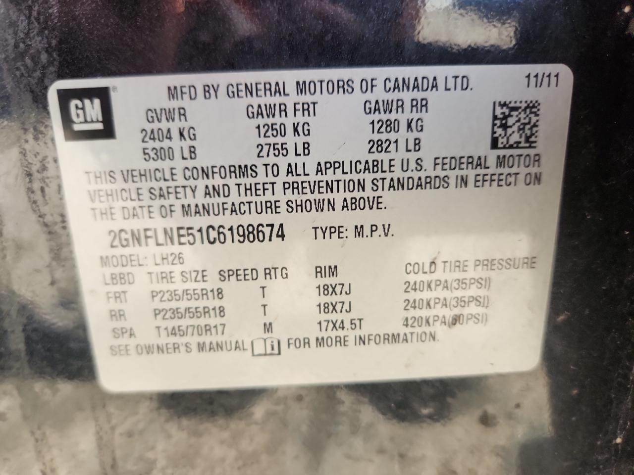 2012 Chevrolet Equinox Lt VIN: 2GNFLNE51C6198674 Lot: 64381865