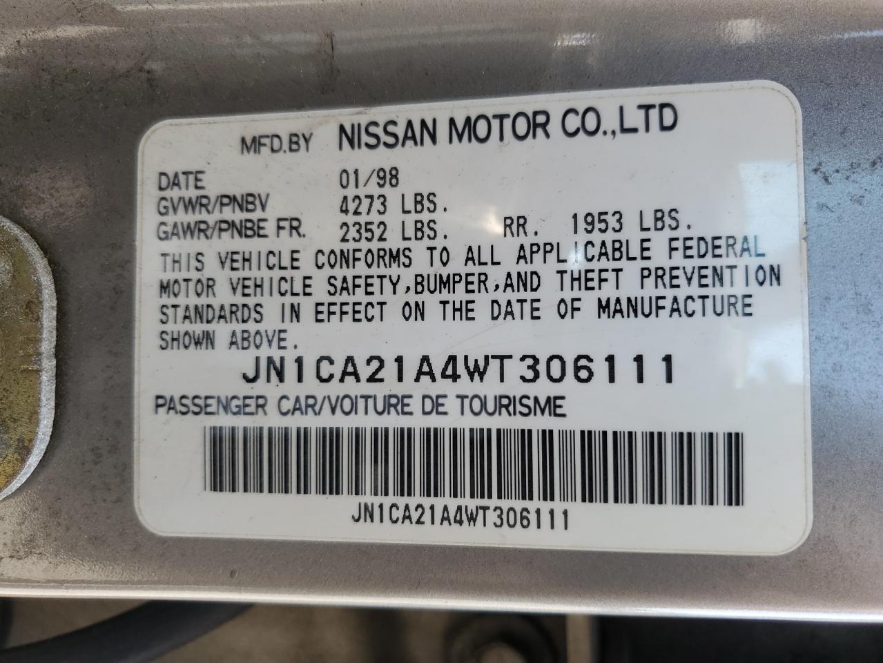 1998 Nissan Maxima Gle VIN: JN1CA21A4WT306111 Lot: 63690015