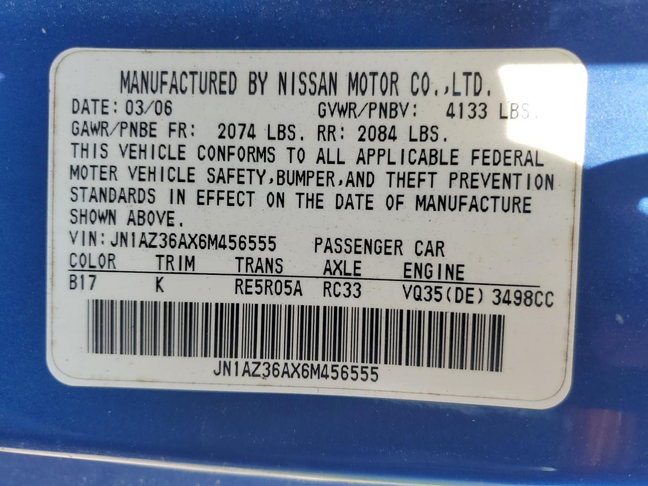 2006 Nissan 350Z Roadster VIN: JN1AZ36AX6M456555 Lot: 63189985