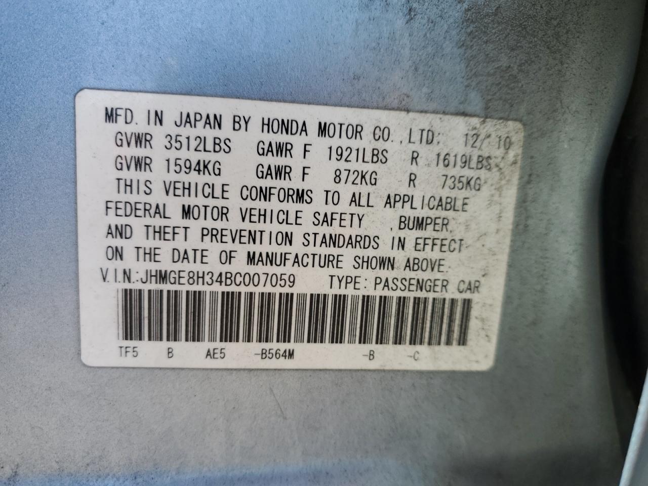 2011 Honda Fit VIN: JHMGE8H34BC007059 Lot: 63339965