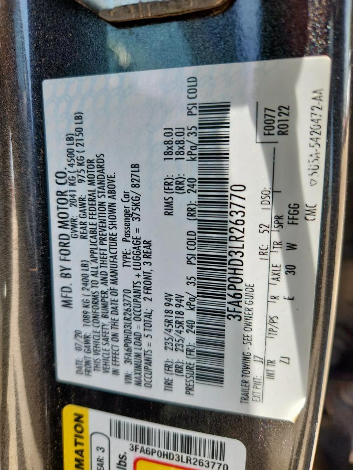 2020 Ford Fusion Se VIN: 3FA6P0HD3LR263770 Lot: 64200965