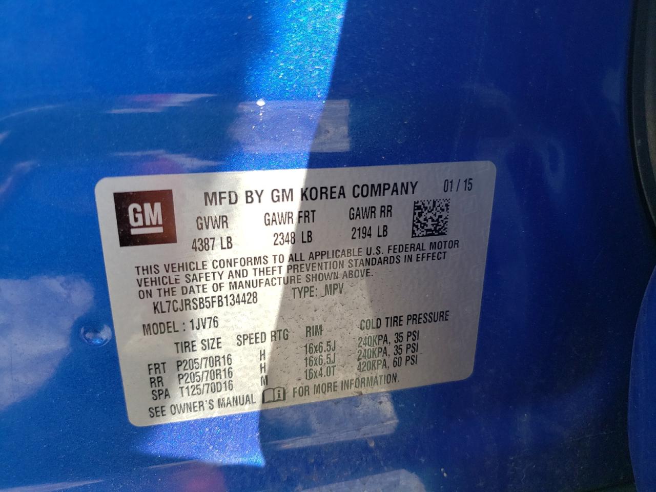 2015 Chevrolet Trax 1Lt VIN: KL7CJRSB5FB134428 Lot: 69180725