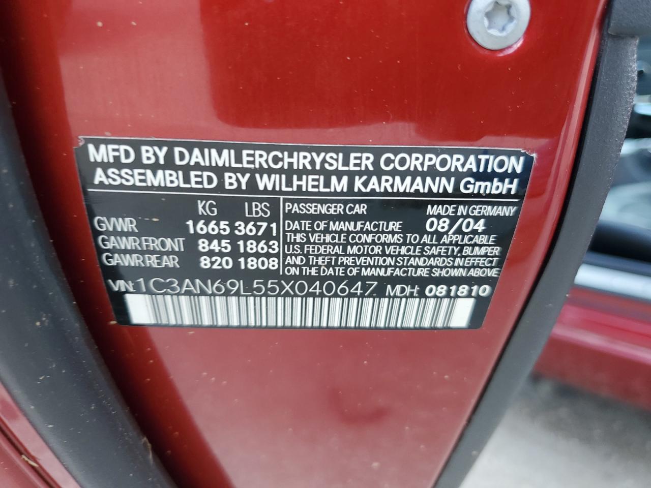 2005 Chrysler Crossfire Limited VIN: 1C3AN69L55X040647 Lot: 62015805