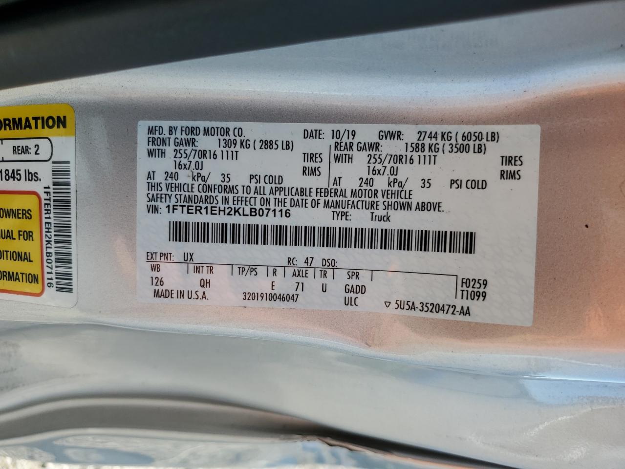 2019 Ford Ranger Xl VIN: 1FTER1EH2KLB07116 Lot: 63301195
