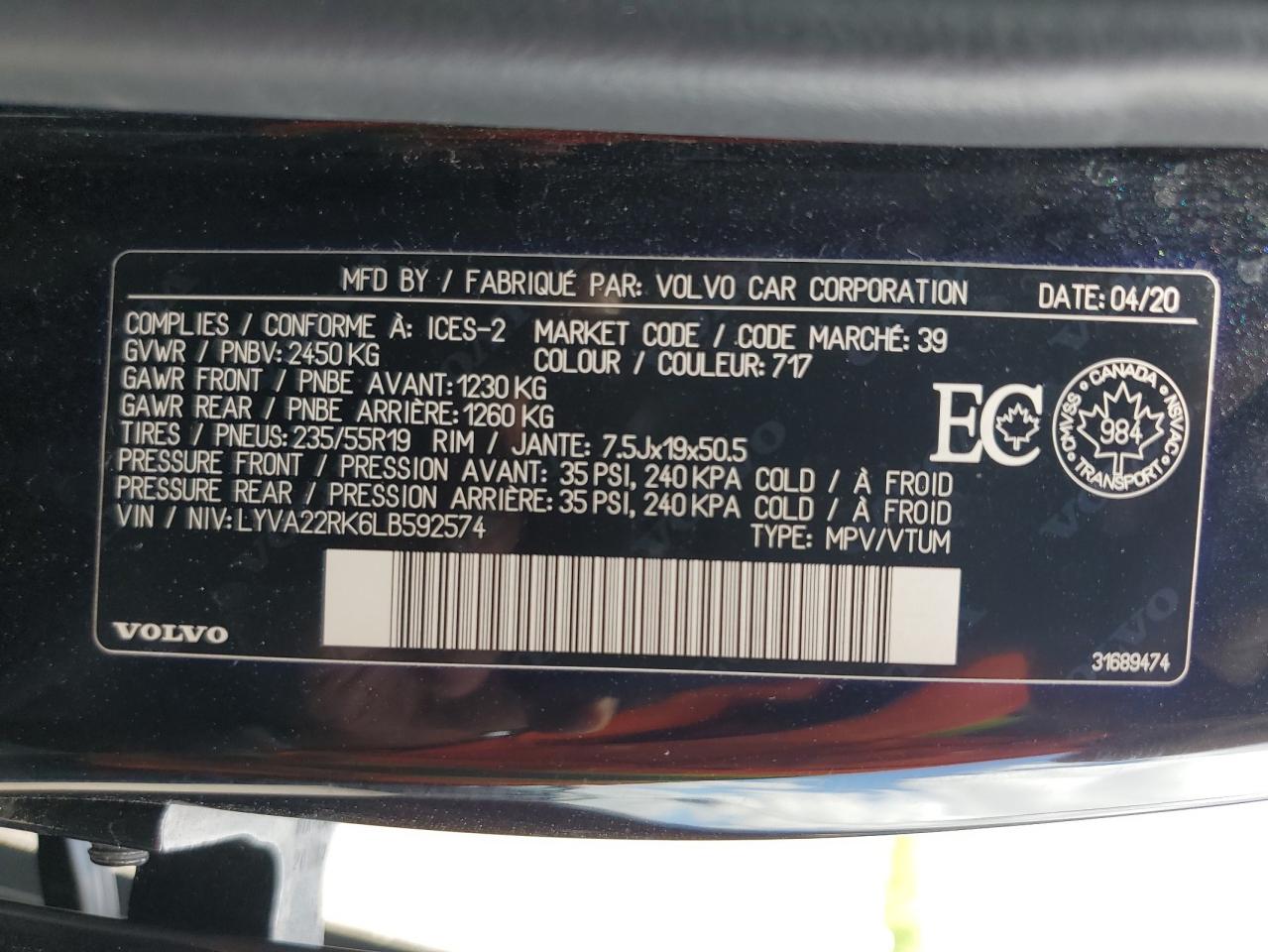 2020 Volvo Xc60 T6 Momentum VIN: LYVA22RK6LB592574 Lot: 64083755
