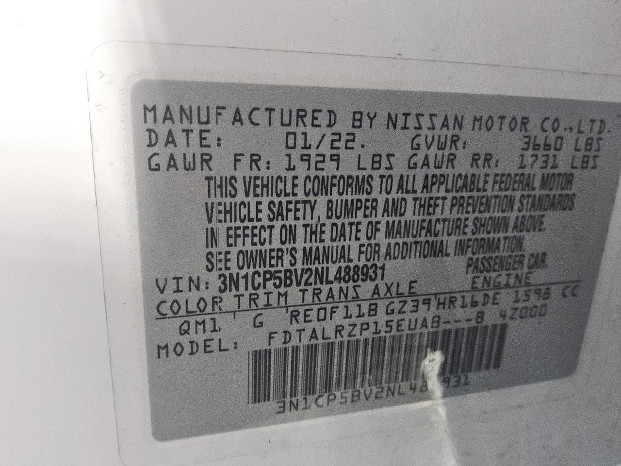 3N1CP5BV2NL488931 2022 Nissan Kicks S