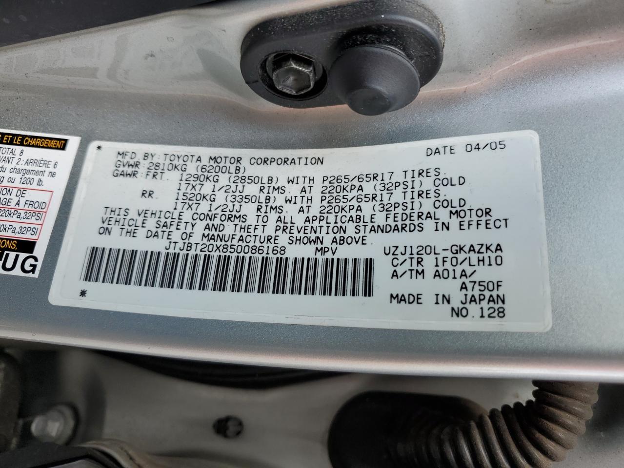 2005 Lexus Gx 470 VIN: JTJBT20X850086168 Lot: 63254175