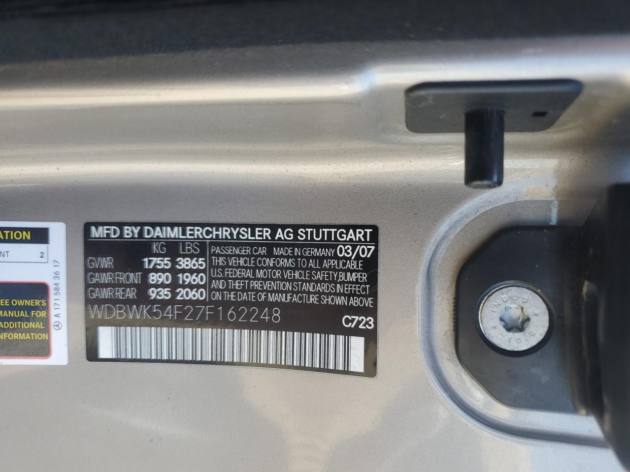 2007 Mercedes-Benz Slk 280 VIN: WDBWK54F27F162248 Lot: 63593135