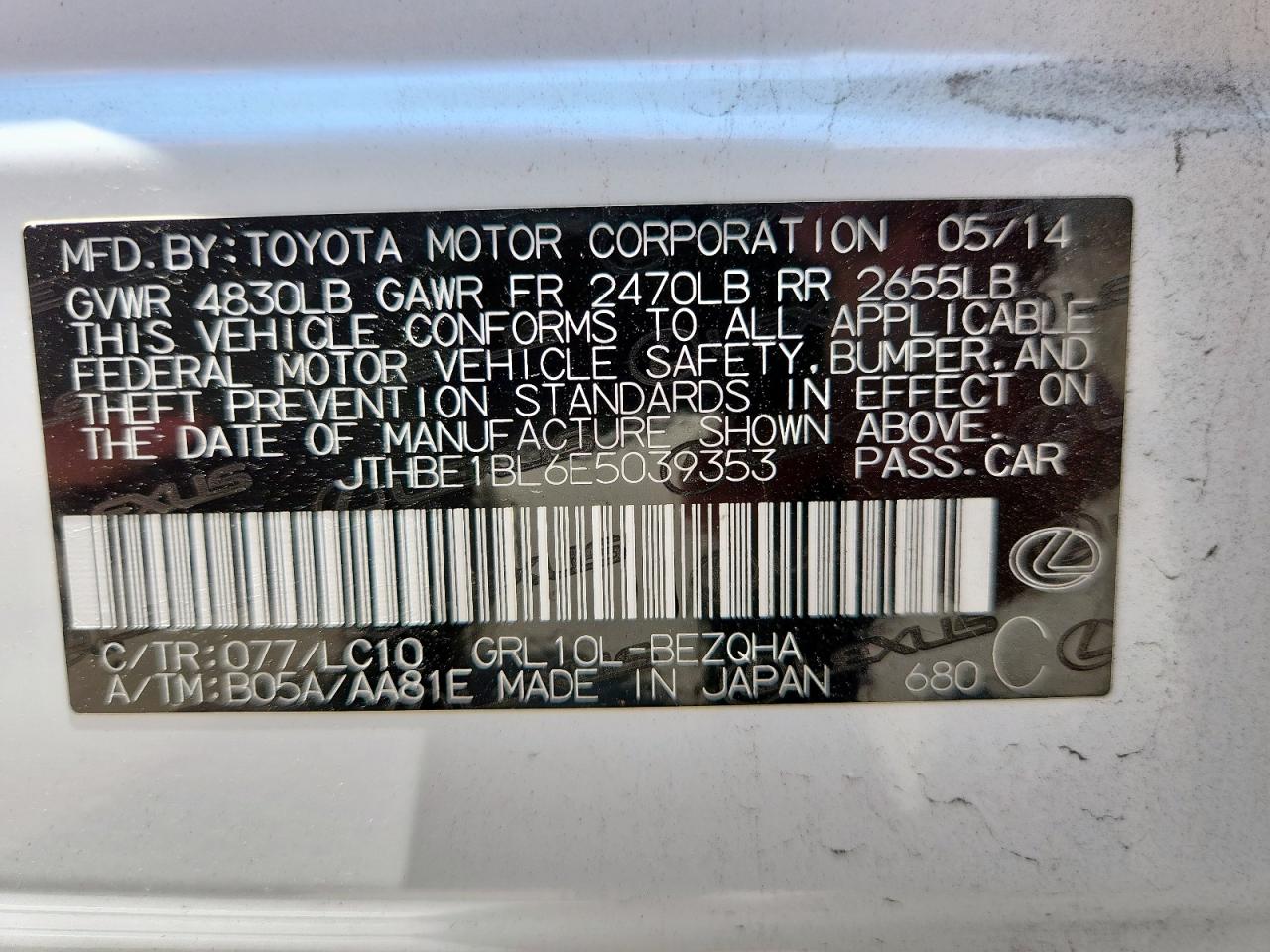 2014 Lexus Gs 350 VIN: JTHBE1BL6E5039353 Lot: 64718055
