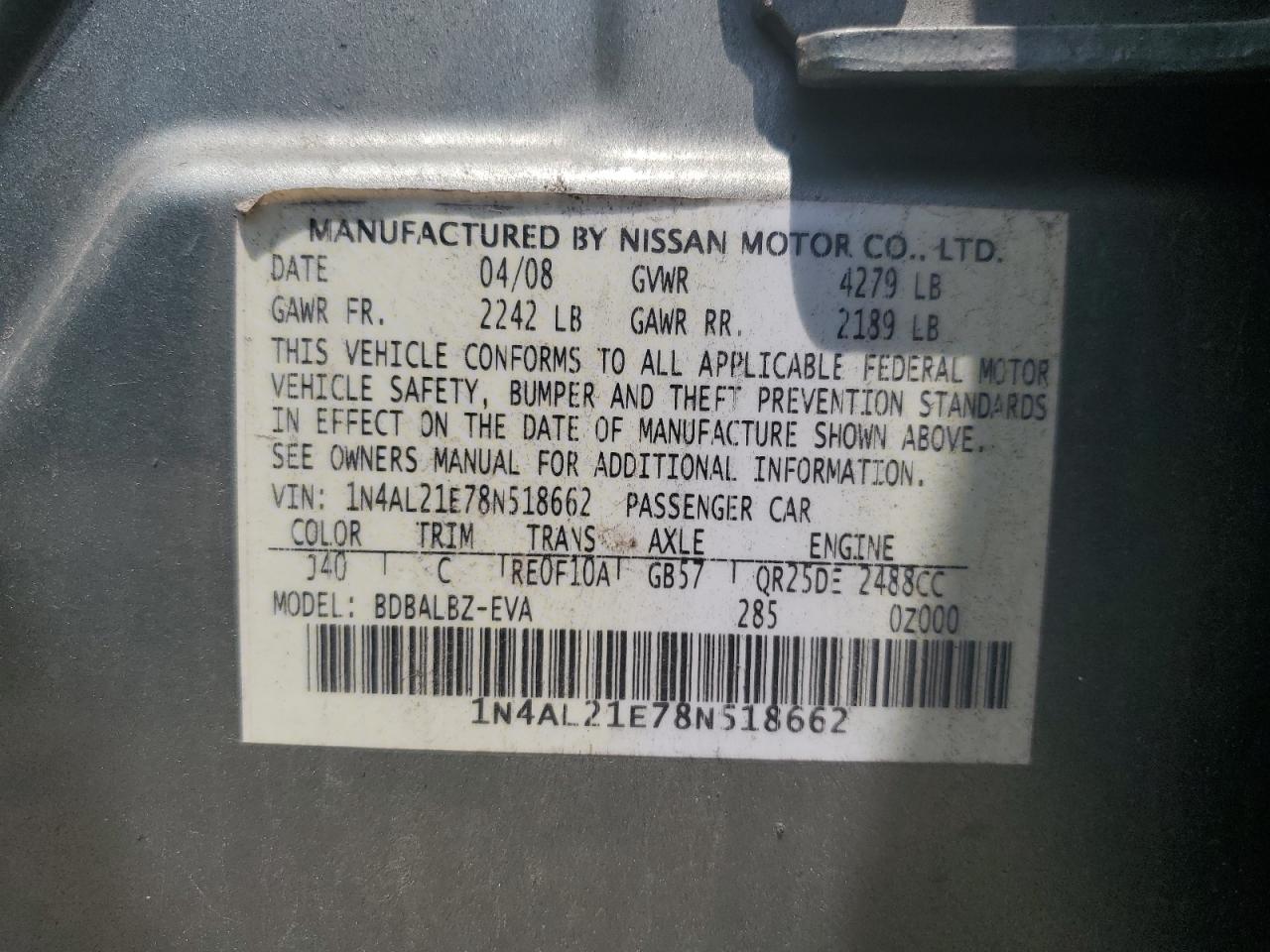 2008 Nissan Altima 2.5 VIN: 1N4AL21E78N518662 Lot: 64021025