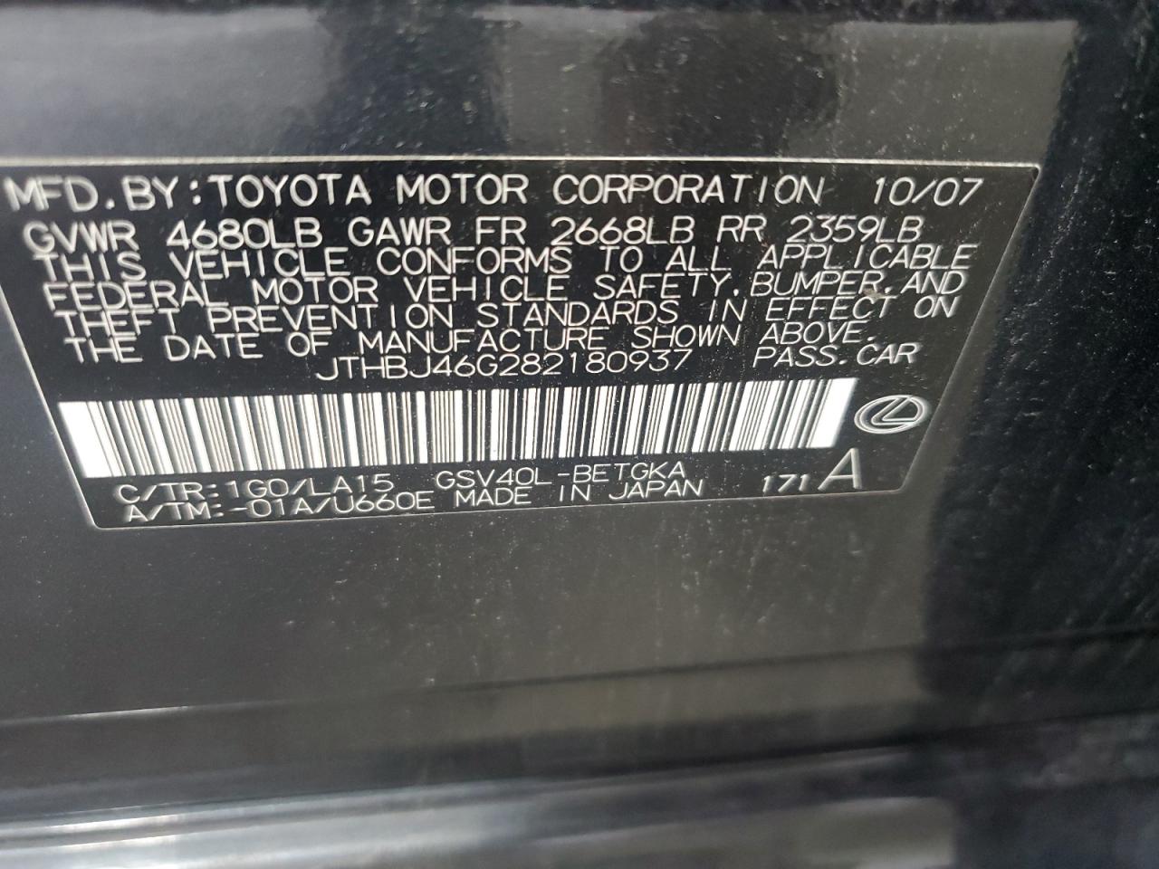 2008 Lexus Es 350 VIN: JTHBJ46G282180937 Lot: 64596815