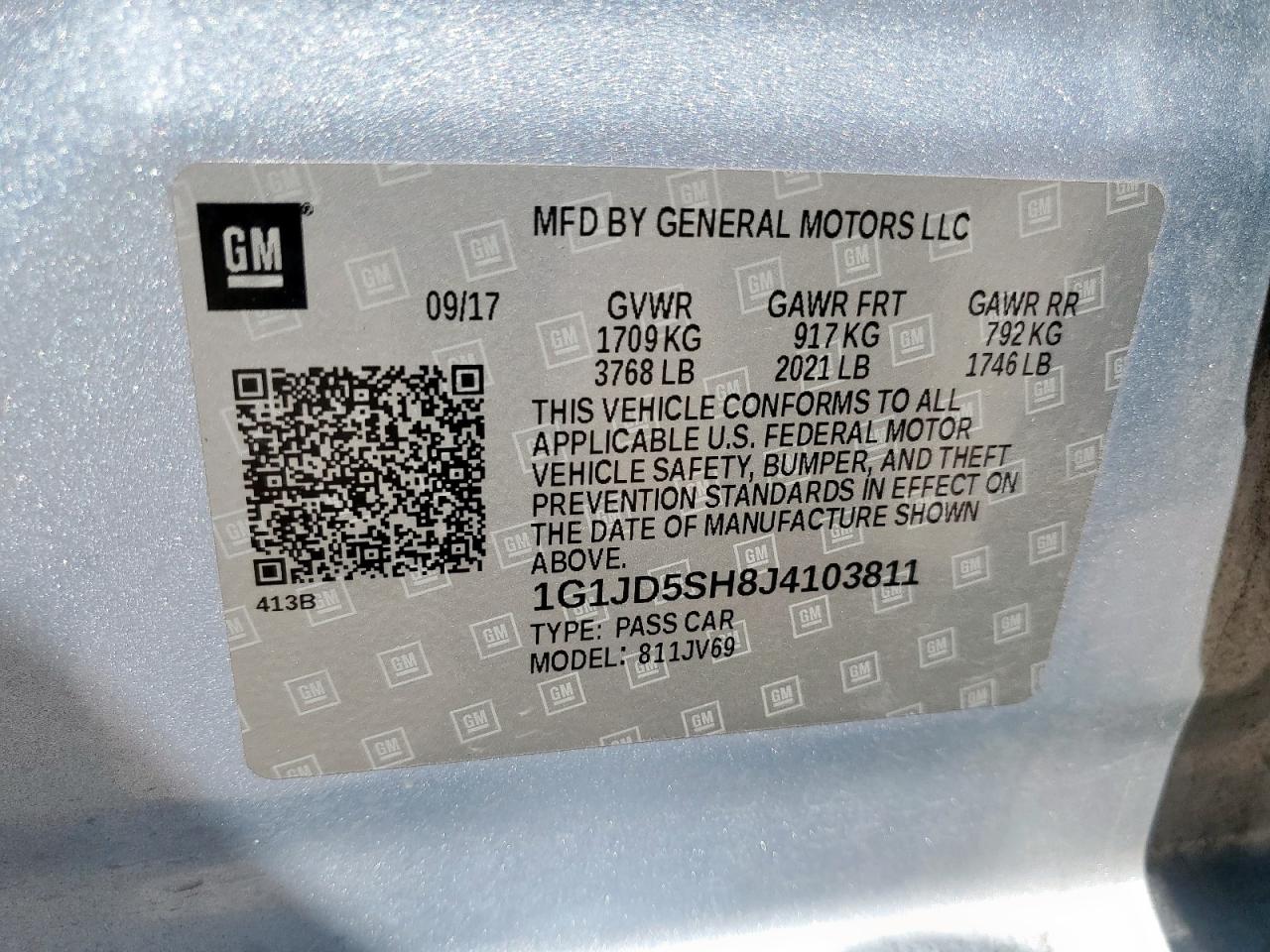 2018 Chevrolet Sonic Lt VIN: 1G1JD5SH8J4103811 Lot: 63833655
