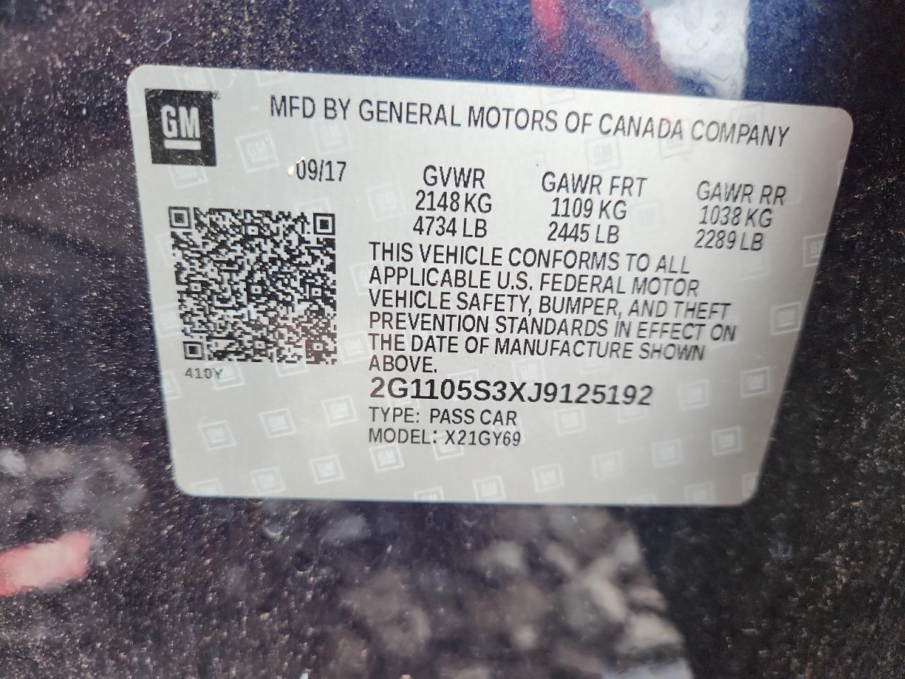 2018 Chevrolet Impala Lt VIN: 2G1105S3XJ9125192 Lot: 63379955