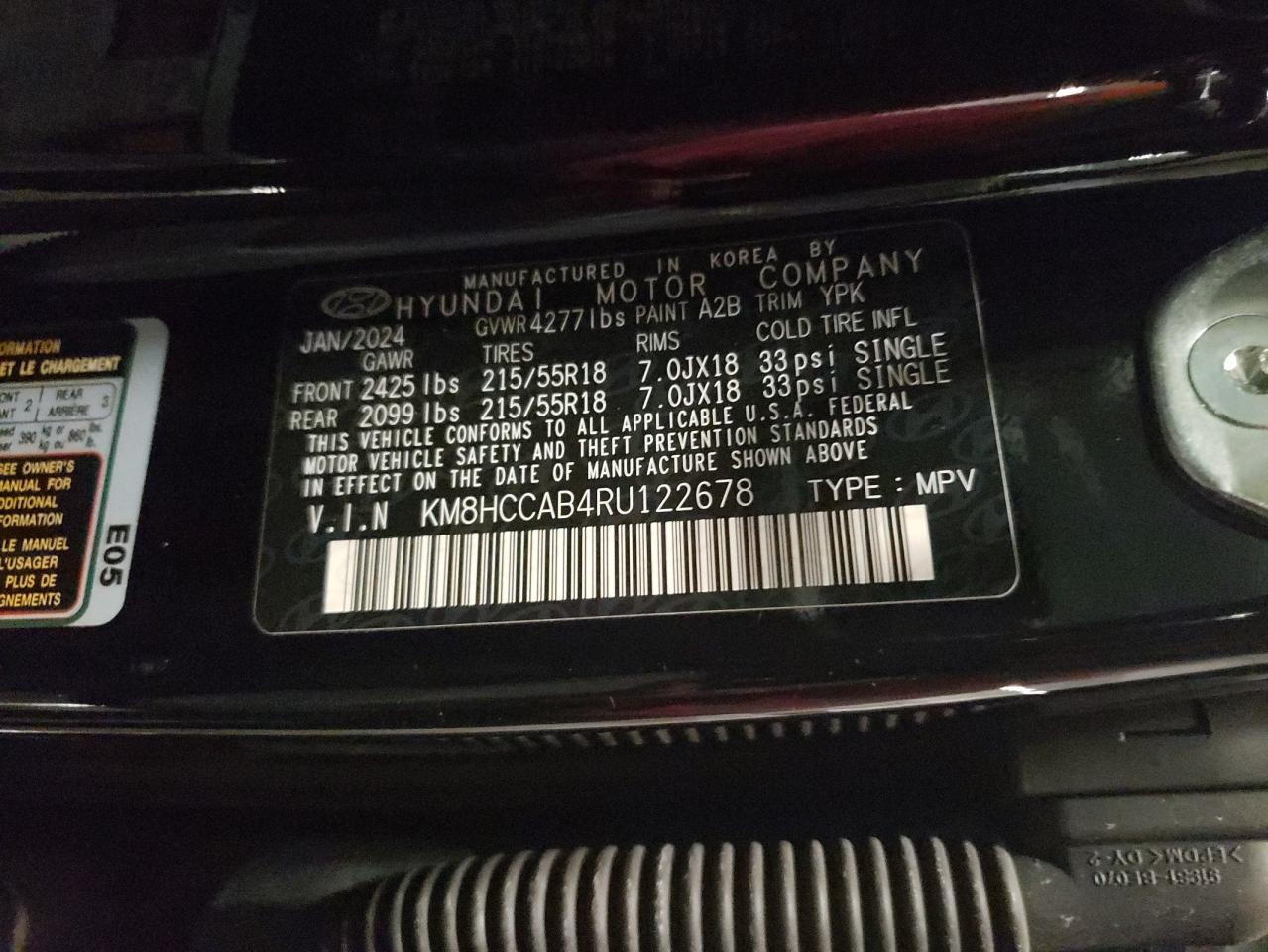 2024 Hyundai Kona Sel VIN: KM8HCCAB4RU122678 Lot: 63846485