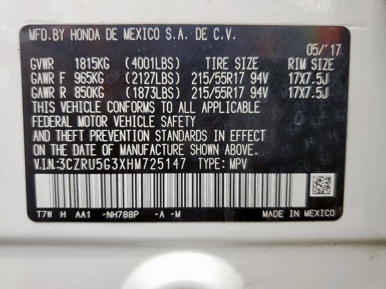 2017 Honda Hr-V Lx VIN: 3CZRU5G3XHM725147 Lot: 63748775
