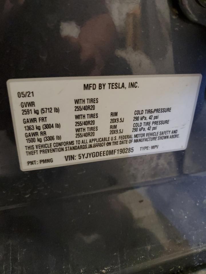 2021 Tesla Model Y VIN: 5YJYGDEE0MF190285 Lot: 63417185
