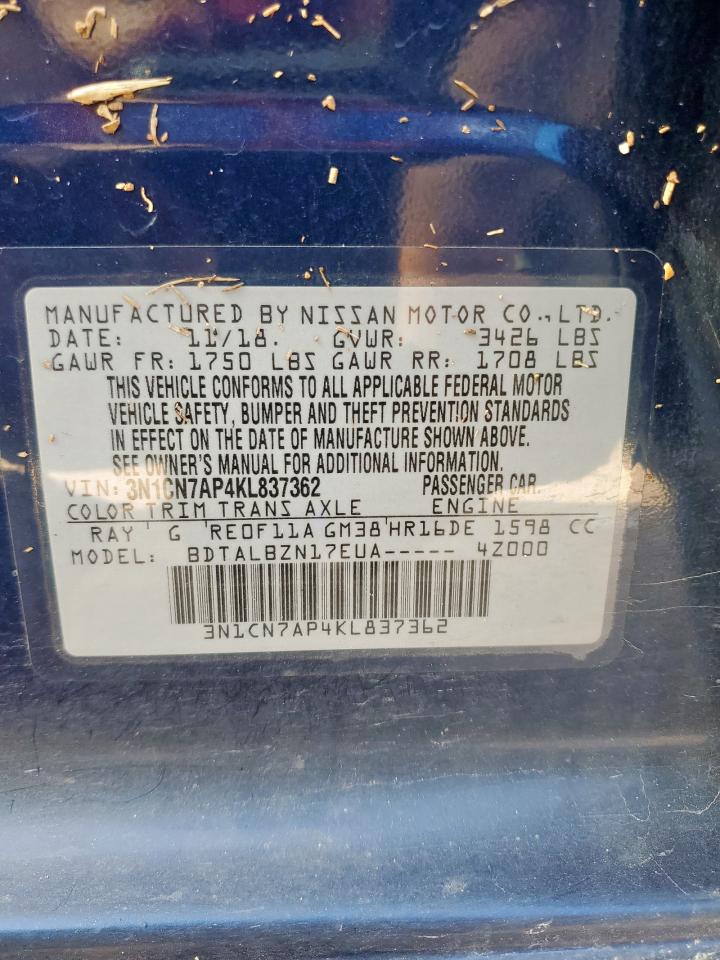2019 Nissan Versa S VIN: 3N1CN7AP4KL837362 Lot: 62941425