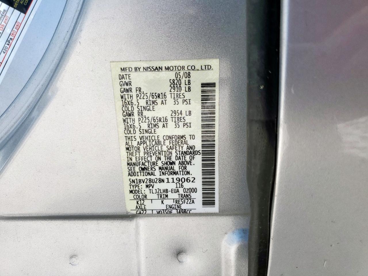 2008 Nissan Quest S VIN: 5N1BV28U28N119062 Lot: 64563605