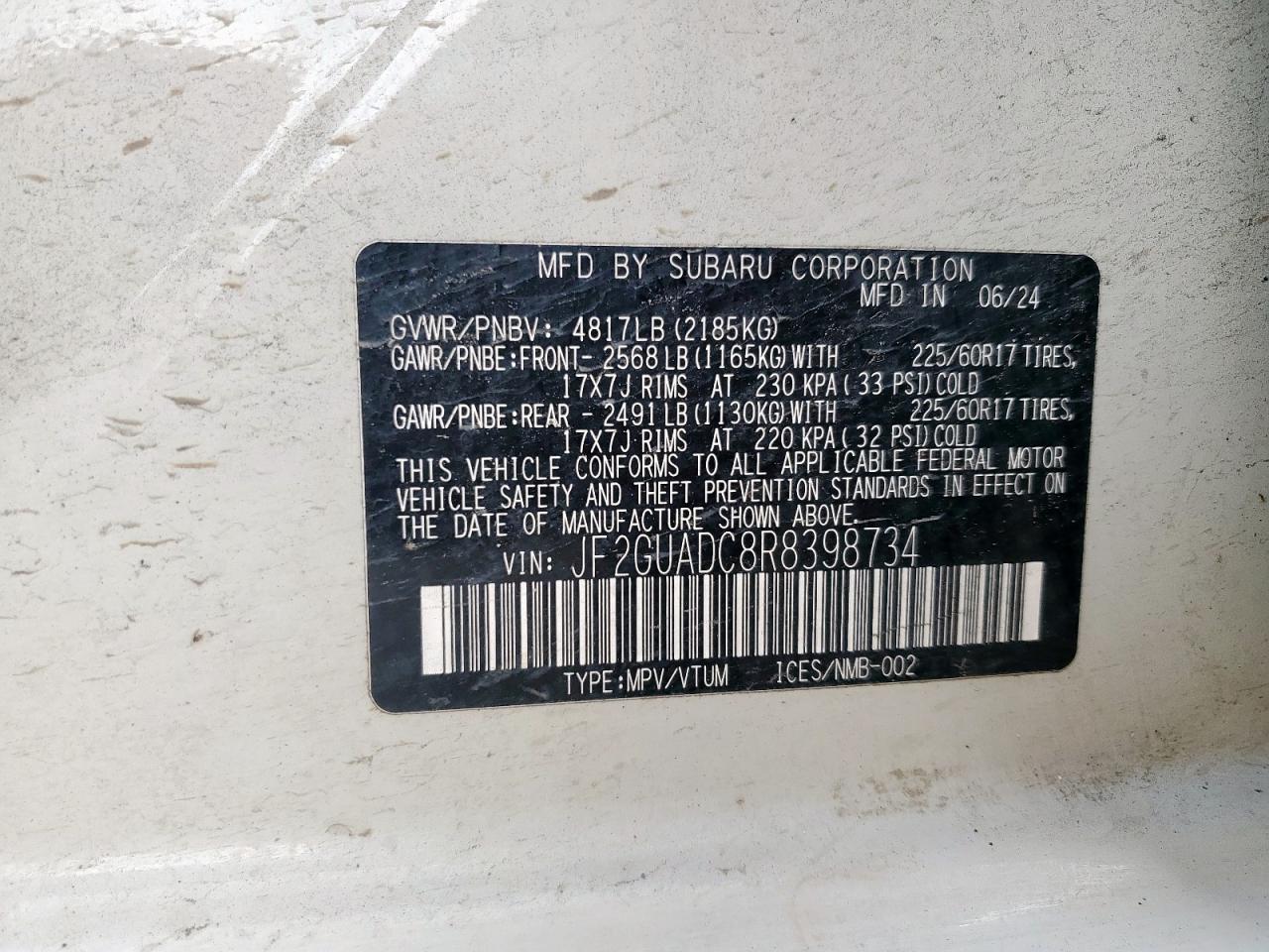 2024 Subaru Crosstrek Premium VIN: JF2GUADC8R8398734 Lot: 64656495
