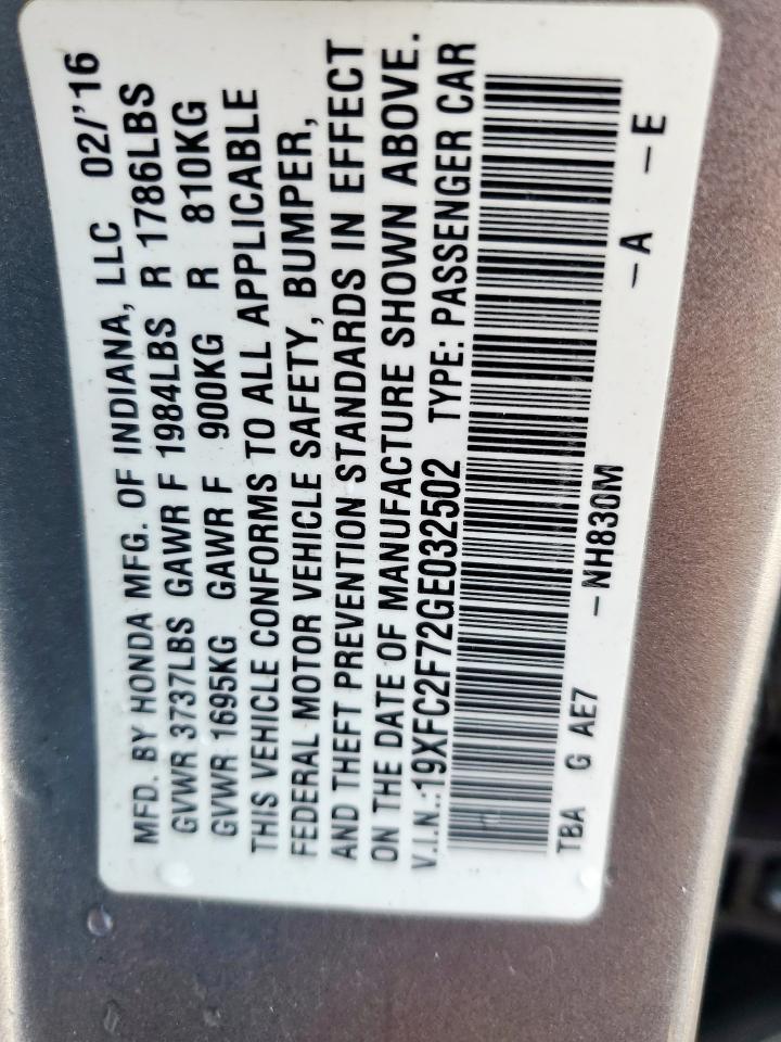 2016 Honda Civic Ex VIN: 19XFC2F72GE032502 Lot: 65267675